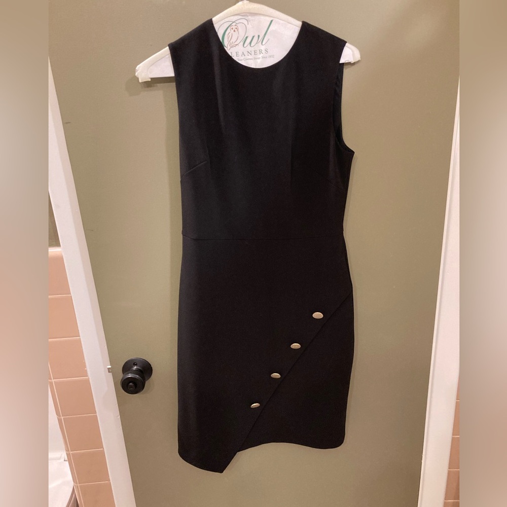 DKNY Black Asymmetrical Dress with Gold Button Accents
